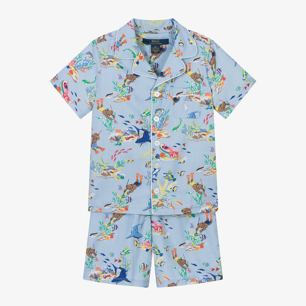 Ralph Lauren Boys Blue Cotton Polo Bear Short Pyjamas
