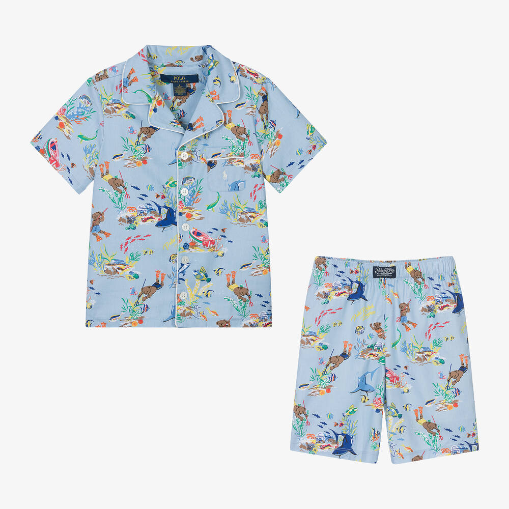 Ralph Lauren Boys Blue Cotton Polo Bear Short Pyjamas